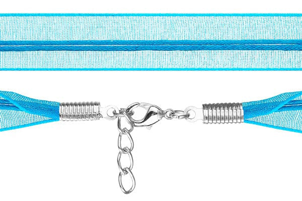 Organza Ribbon Necklace with 2 Waxed Cord, Deep Sky Blue