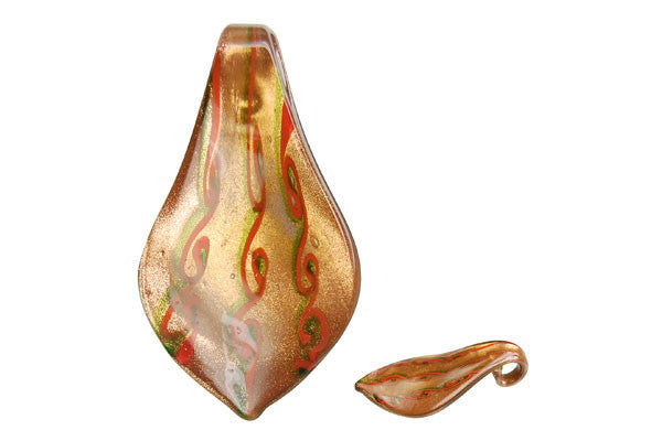 Murano Foil Glass Smooth Leaf Pendant, 33x63mm, 1 Piece, Pendant for Jewelry Making
