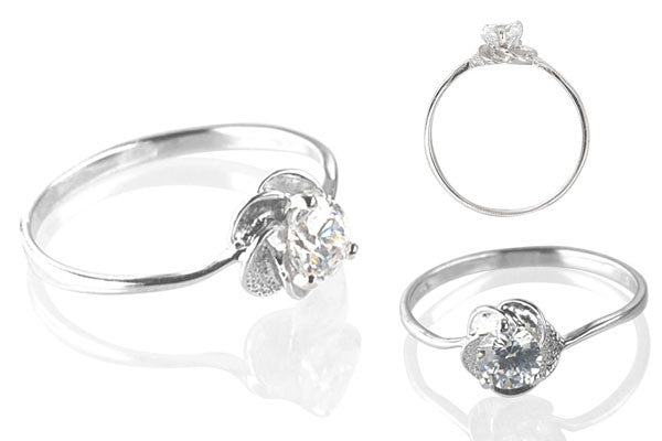 Cubic Zirconia Sterling Silver 4.5mm Round Solitaire W/textured Flower