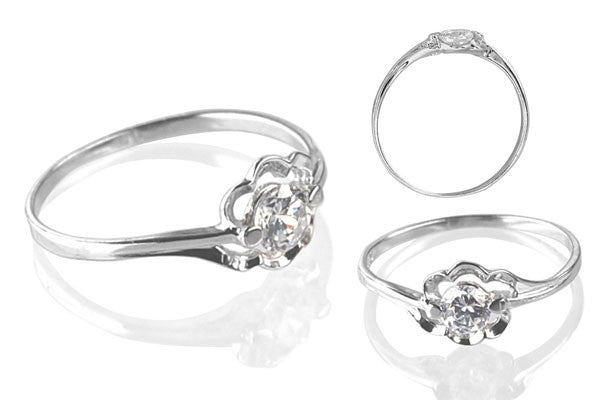Cubic Zirconia Sterling Silver 4mm Round Solitaire in Flower
