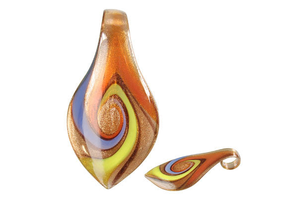 Murano Foil Glass Smooth Leaf Pendant, 36x63mm, 1 Piece, Pendant for Jewelry Making
