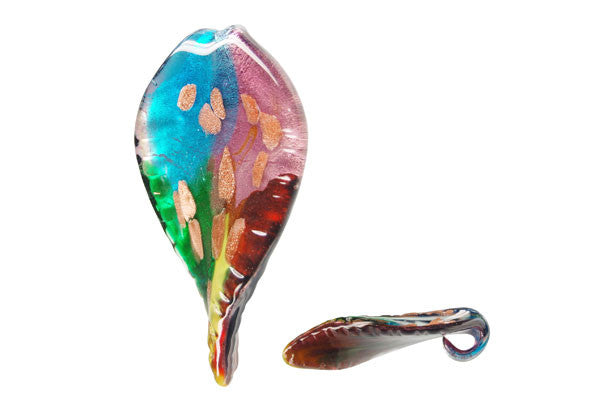 Murano Foil Glass Leaf Pendant, 34x66mm, 1 Piece, Pendant for Jewelry Making