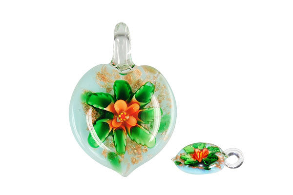 Murano Foil Glass Heart Flower Pendant, 28x38mm, 1 Piece, Pendant for Jewelry Making