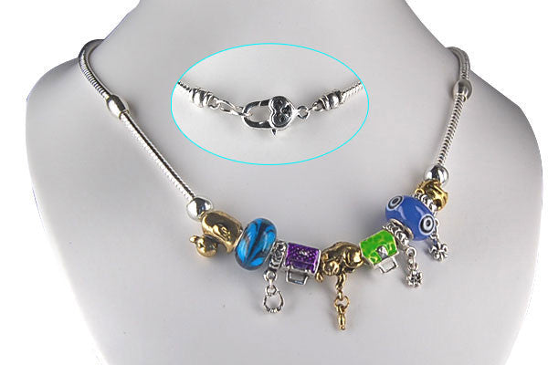 Pandora Style Necklace W/ Blue Lampwork Beads, "Shopping Fun", 16"