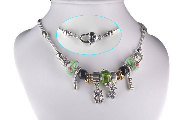 Pandora Style Necklace W/ Green Lampwork Beads, "Fortunate One", 16"