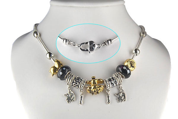 Pandora Style Necklace w/ Black Lampwork Beads, "Golden Elephant" 16"