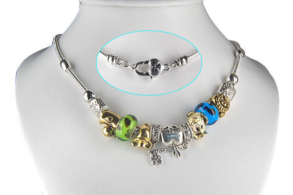 Pandora Style Necklace W/ Blue Green Lampwork Beads, "Disney", 16"