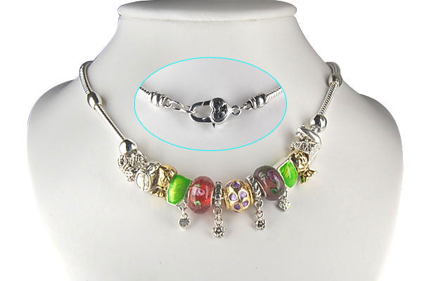 Pandora Style Necklace W/ Red Lampwork Beads, "Travel", 16"