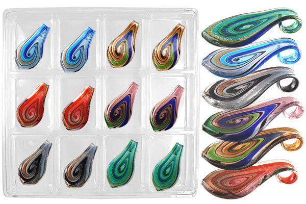 Murano Foil Glass Value Pack Pendant, 31x59mm, 12 Pieces, Pendant for Jewelry Making