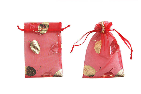 Organza Gift Pouch, Leaf, Red, 100x150mm