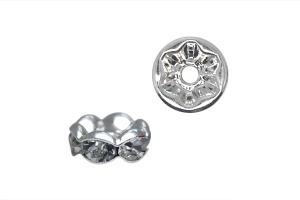 Silver-Plated Rondelle w/Crystal Rhinestones, White, 4x8mm, Curve Edge