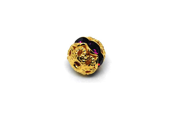 Gold-Plated Brass Round w/Amethyst Rhinestone, 8mm