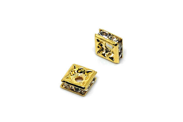 Gold Plated Brass Spacer Square W/rhinestone, 6mm