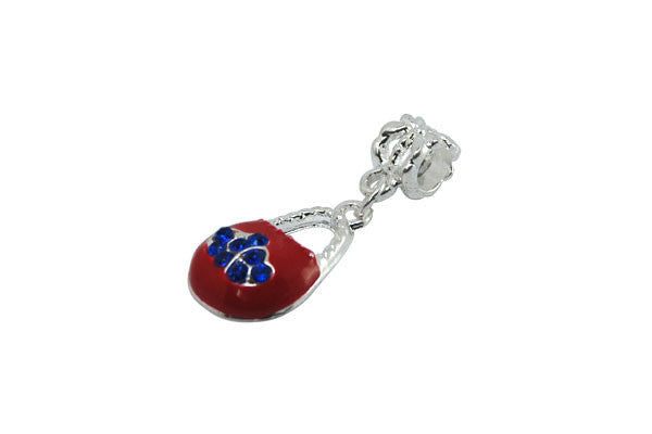 Silver Plated Charm Link Bag W/red Enamel & Blue Rhinestone, 13x32mm