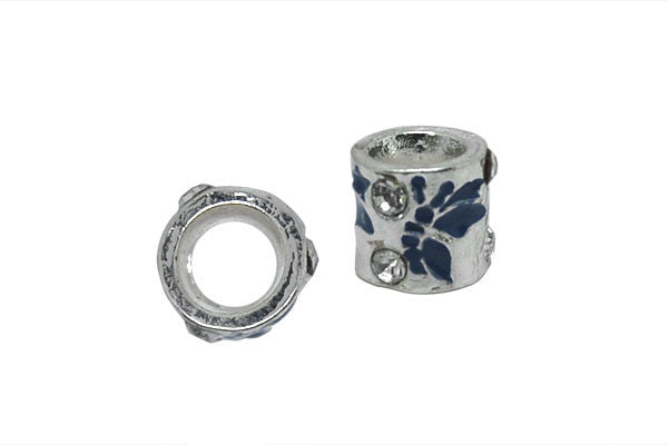 Metal Alloy Beads Tube W/blue Enamel & Clear Rhinestone, 10x10mm