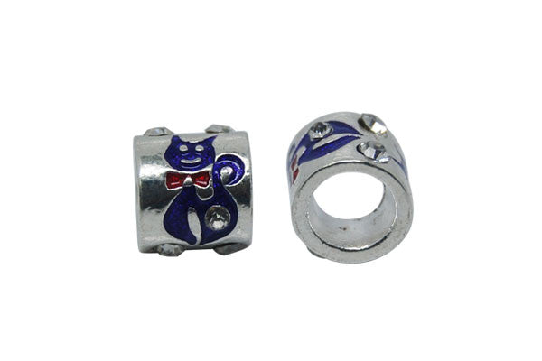 Metal Alloy Beads Tube W/purple Cat & Clear Rhinestone, 10x11mm