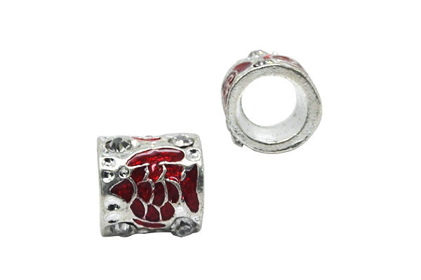 Metal Alloy Beads Tube W/red Fish & Clear Rhinestone, 10x11mm