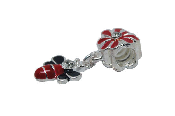 Silver Plated Charm Link Bee W/red and Black Enamel & Clear Rhinestone, 11x21mm