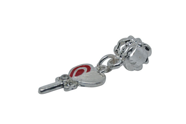 Silver Plated Charm Link Heart Staff W/red Enamel & Clear Rhinestone, 10x29mm
