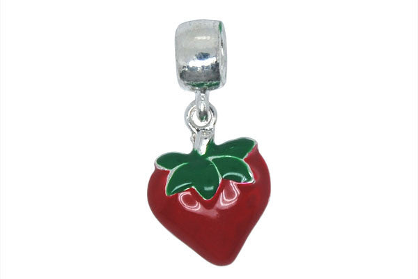 Silver Plated Charm Link Strawberry W/red and Green Enamel, 14x29mm