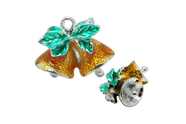 Silver Plated Charm Christmas Bells W/green & Yellow Enamel, 15x17mm