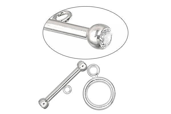 Sterling Silver Toggle Clasp w/White CZ, 2.0x12.0mm