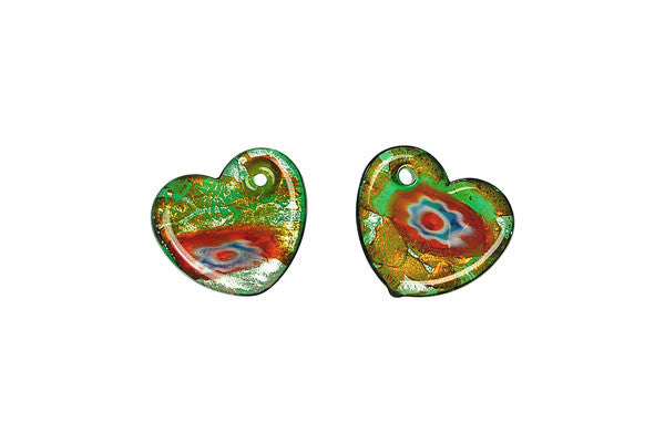 Murano Foil Glass Flat Heart Earrings Pendant, 15x20mm, 2 Pieces, Pendant for Jewelry Making
