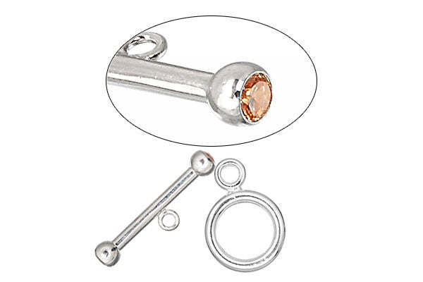 Sterling Silver Toggle Clasp w/Cognac CZ, 2.0x12.0mm
