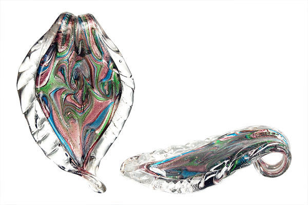 Murano Foil Glass Leaf Pendant, 42x68mm, 1 Piece, Pendant for Jewelry Making