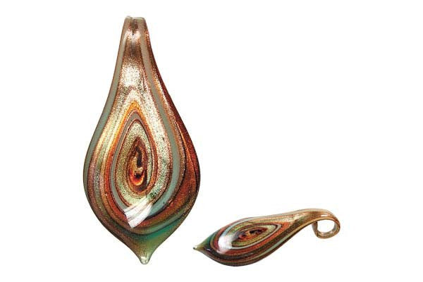 Murano Foil Glass Smooth Leaf Pendant, 36x63mm, 1 Piece, Pendant for Jewelry Making
