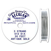 Acculon 3 Strand 28 Gauge, .012" Antique Gold Tiger Tail Beading Wire Wire, Jewelry Making Supplies