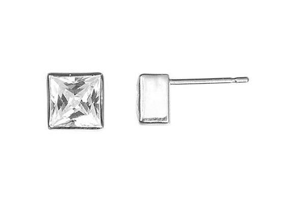 Sterling Silver Post Earring, 6.0mm Princess CZ Bezel Setting