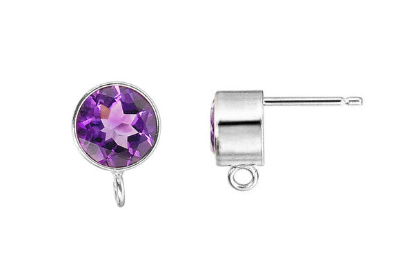 Sterling Silver Post Earring, 6.0mm Amethyst Bezel w/Ring