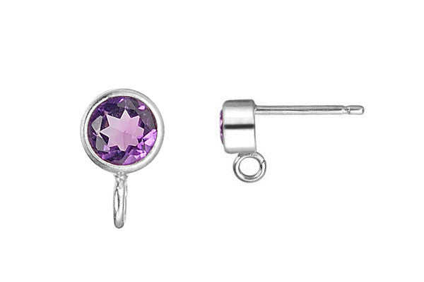 Sterling Silver Post Earring, 4.0mm Amethyst Bezel w/Ring