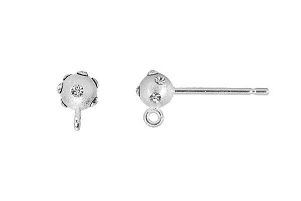 Sterling Silver Post Earring, 4.0mm Satin Ball, April Crystals w/Ring