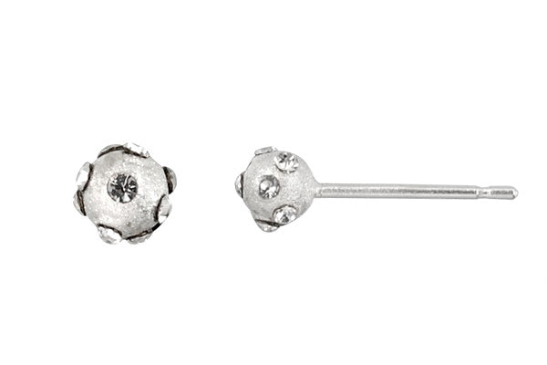 Sterling Silver Post Earring, 4.0mm Satin Ball w/April Crystals