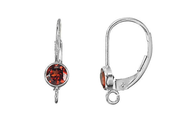 Sterling Silver Leverback, Garnet Bezel Setting w/Ring, 4.0mm