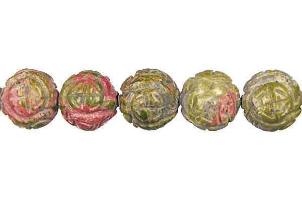 Unakite Carved Lotus Flower Beads, 16-Inch Strand, Jewelry Making Supplies