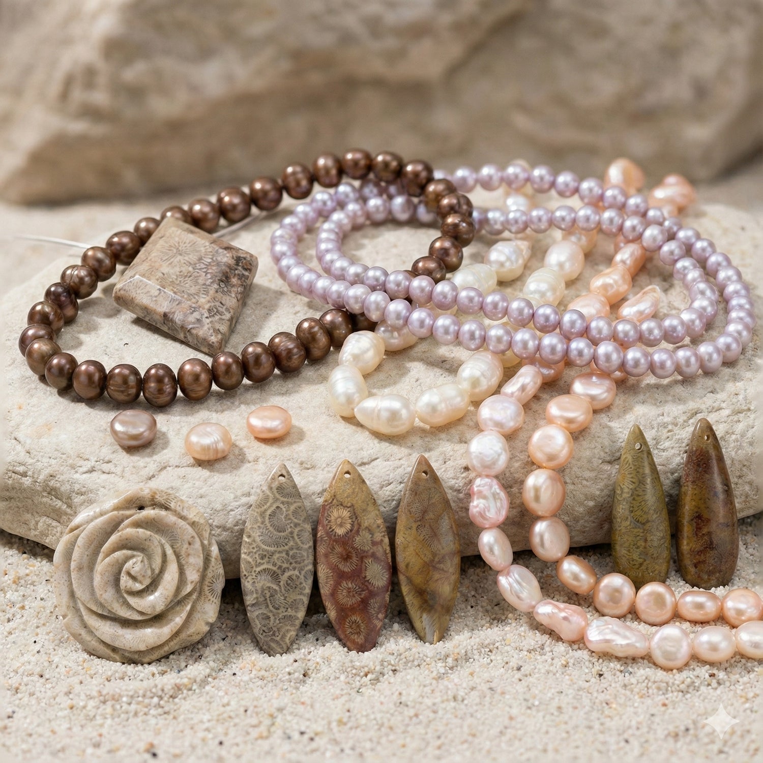 Freshwater pearl & Fossil Gemstone