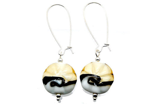 Handmade Lampwork Art Glass Foil Pendant Button Earrings (Light Grey with White)