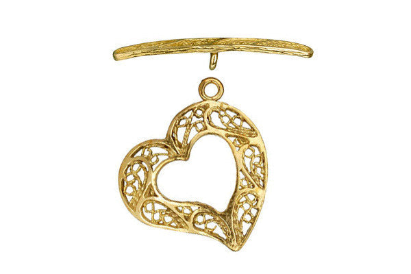 Brass Heart Filigree Toggle Clasp, 22.5mm