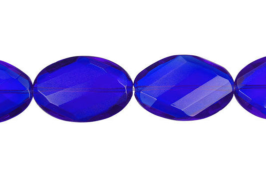 Royal Blue Quartz Glass Twisted Flat Oval Faceted Beads, 16-Inch Strand, Jewelry Making Supplies