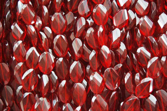 Ruby Quartz Glass Twisted Flat Oval Faceted Beads, 16-Inch Strand, Jewelry Making Supplies
