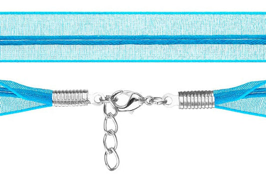 Organza Ribbon Necklace with 2 Waxed Cord, Deep Sky Blue