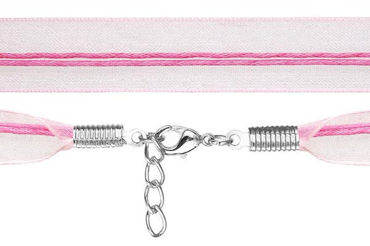 Organza Ribbon Necklace with 2 Waxed Cord, Pink