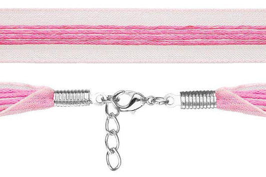 Organza Ribbon Necklace with 4 Waxed Cord, Pink