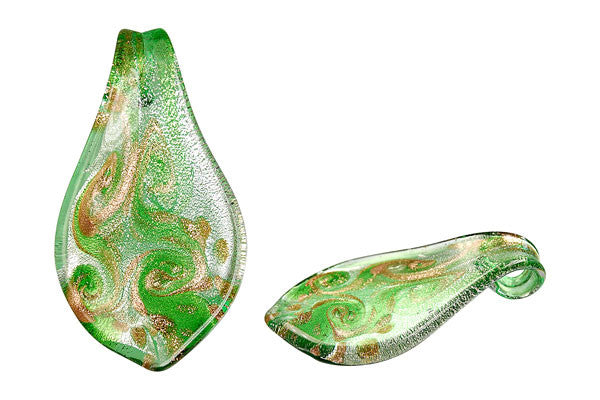 Murano Foil Glass Smooth Leaf Pendant, 33x63mm, 1 Piece, Pendant for Jewelry Making