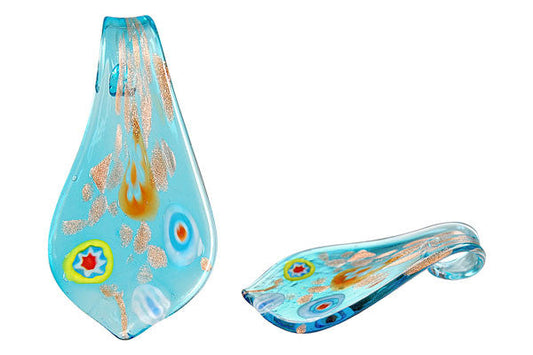 Murano Foil Glass Smooth Leaf Pendant, 33x63mm, 1 Piece, Pendant for Jewelry Making