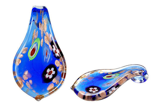 Murano Foil Glass Smooth Leaf Pendant, 33x63mm, 1 Piece, Pendant for Jewelry Making