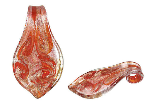 Murano Foil Glass Smooth Leaf Pendant, 33x63mm, 1 Piece, Pendant for Jewelry Making
